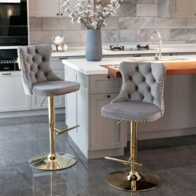 Golden Swivel Velvet Barstools Adjusatble Seat Height From 25-33 Inch Gray,Set Of 2