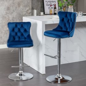 Swivel Velvet Barstools Adjusatble Seat Height From 25-33 Inch Blue,Set Of 2