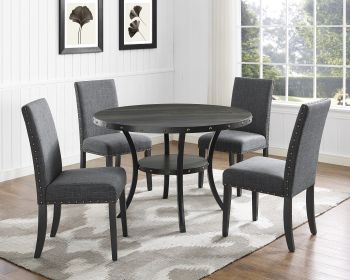 Biony Espresso Wood Dining Set with Gray Fabric Nailhead Chairs