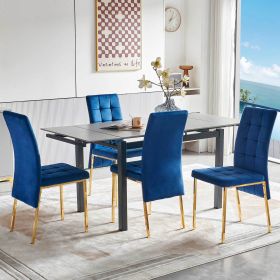 5-Piece Functional Retractable Ceramic Table Dining Table Dining Set Including Blue Velvet High Back Golden Color Legs for Living Room,Dining Room,Kit