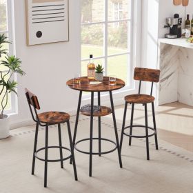 Round Bar Stool Set With Shelves, Stool With Backrest Rustic Brown